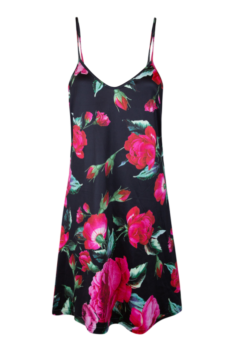 Платье "Миранда" черное, принт цветы, шифон, макси, с комбинацией