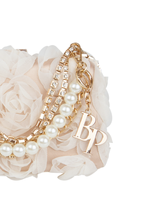 Сумка-клатч кремовая, объемные цветы, золото