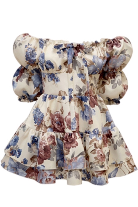 Платье "Барби" молочное, голубой цветочный принт, с воланами по юбке, мини