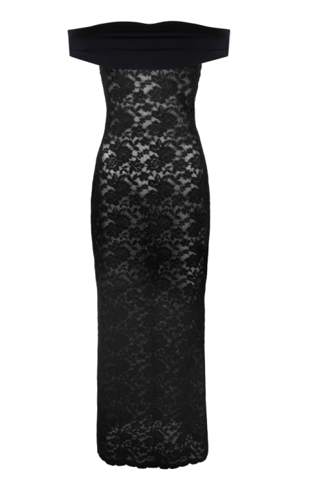 Платье "Велия" черное, кружево, макси, воротник - лодочка стрейч