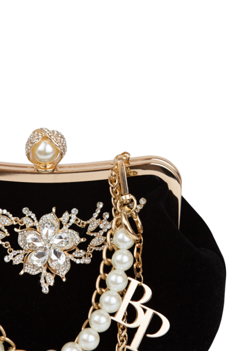 Клатч-сумка-ридикюль черная, бархат, декорирована стразами и камнями, жемчужина, золото