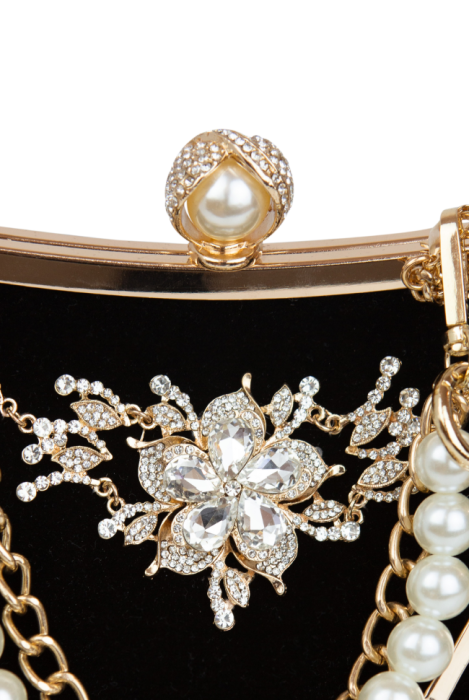 Клатч-сумка-ридикюль черная, бархат, декорирована стразами и камнями, жемчужина, золото