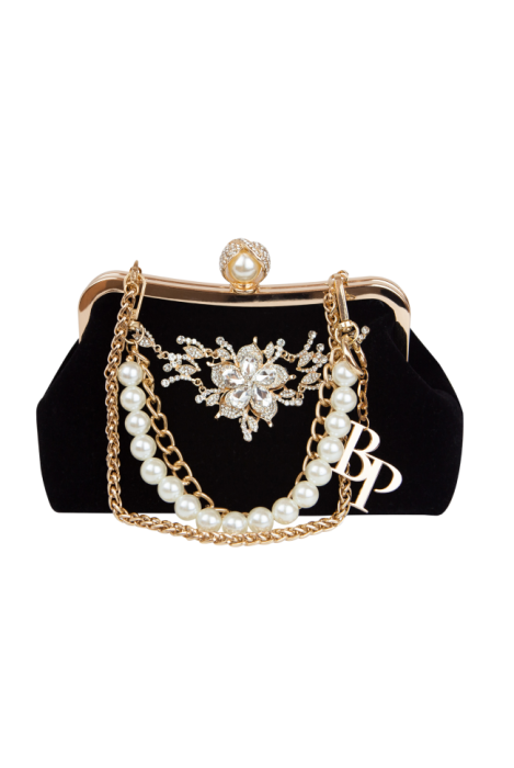 Клатч-сумка-ридикюль черная, бархат, декорирована стразами и камнями, жемчужина, золото