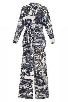 Костюм - пижама "Паскаль" бежевый, эко-шелк, серый принт "прованс"