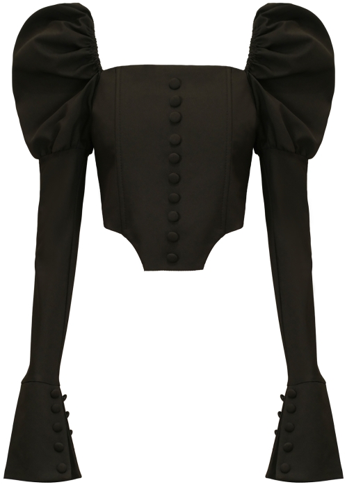 Блуза - топ - корсет "Бруно" черная, рукава фонарики, брошь, с манжетами и пуговицами