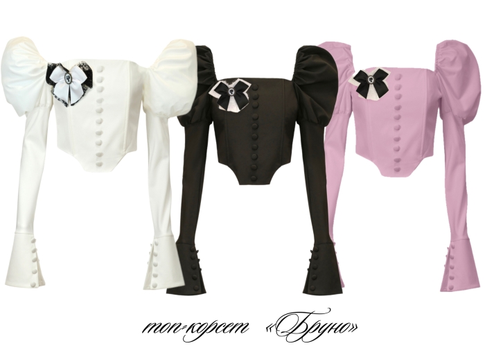 Блуза - топ - корсет "Бруно" черная, рукава фонарики, брошь, с манжетами и пуговицами