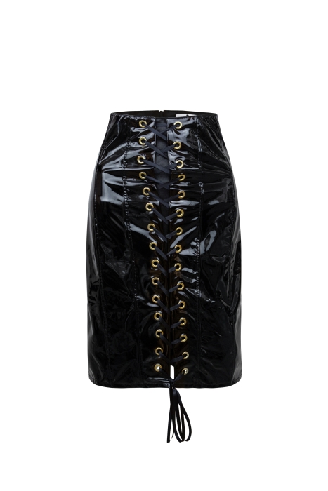 Юбка черная, эко-кожа ЛАК, люверсы,на завязках (55 см)