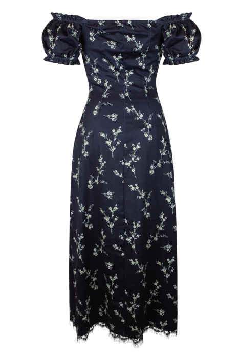 Платье "Джуэль" черное, белый принт веточки, с кружевом, миди, короткий рукав