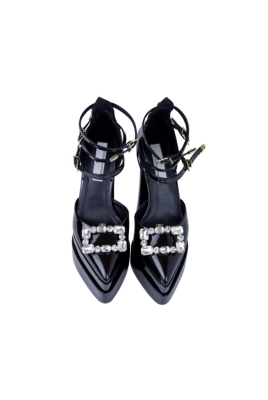 Туфли черные, ЛАК, на платформе, крупная брошь из стекляруса