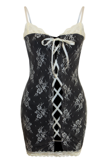 Платье-комбинация "Мила", черное с молочным кружевом, мини