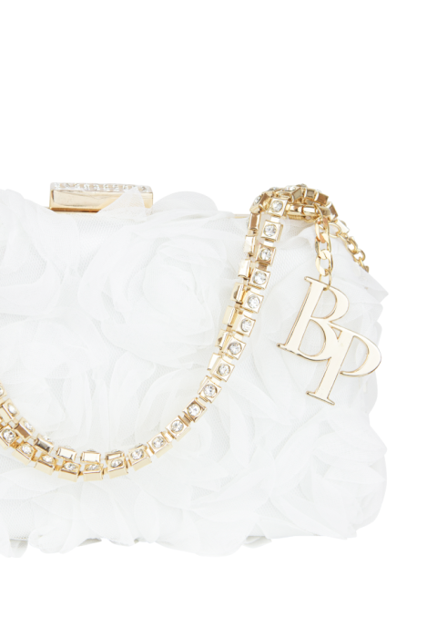 Сумка-клатч белая, объемные цветы, золото