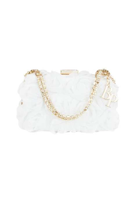 Сумка-клатч белая, объемные цветы, золото