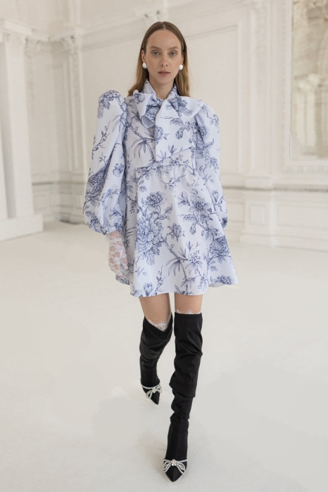 Платье "Лолита" молочное, графитовый цветочный принт, с бантом, мини