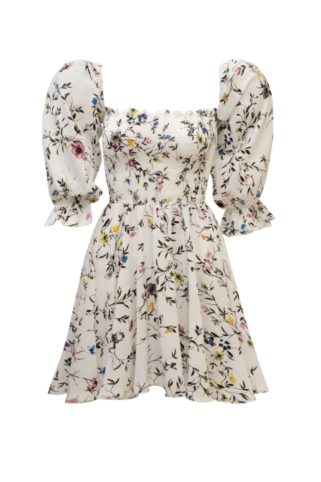 Платье "Элиса" молочное, цветочный принт, пошив верха "венгерка", мини