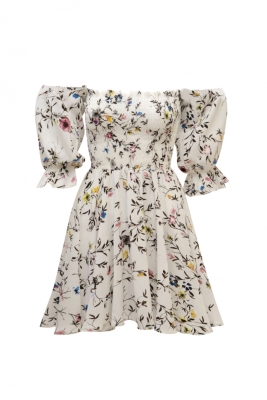 Платье "Элиса" молочное, цветочный принт, пошив верха "венгерка", мини
