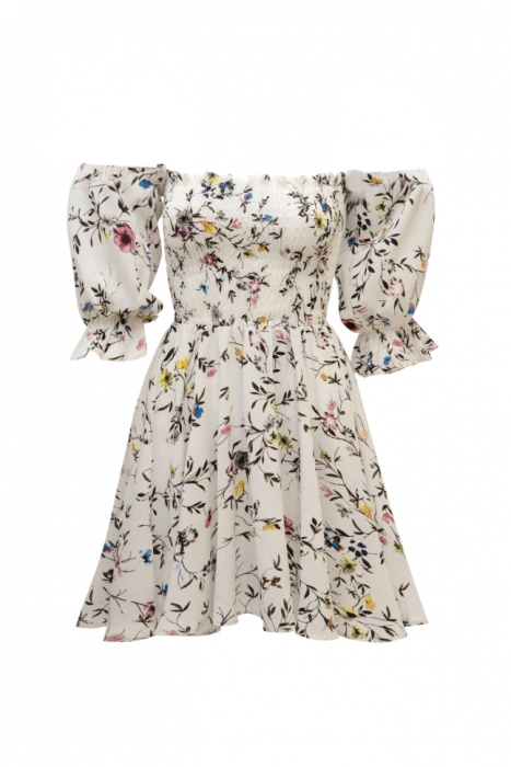 Платье "Элиса" молочное, цветочный принт, пошив верха "венгерка", мини