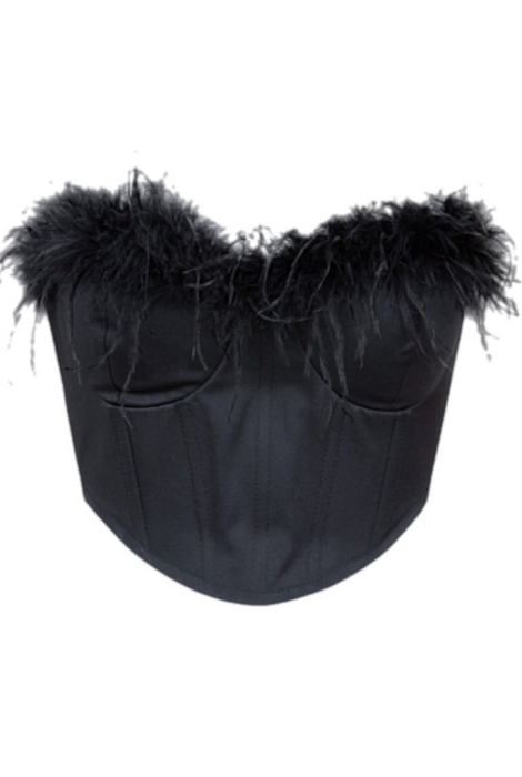 Топ - корсет черный "Перья" черный, атлас (шелк), на завязках