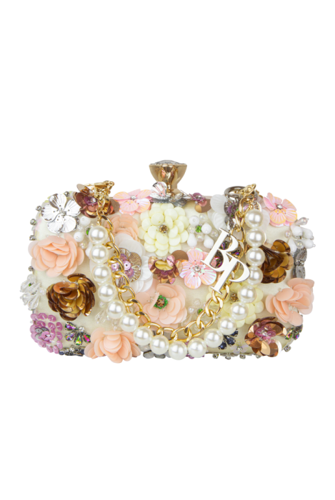 Сумка-клатч мультицвет, инкрустирована цветами, золото