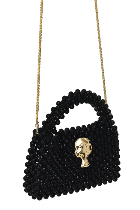 Сумка "Барокко" черная, с ЛОГО, из акриловых бусин, кутюр (золото)