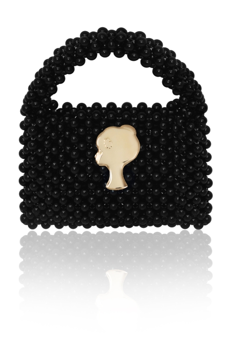 Сумка "Барокко" черная, с ЛОГО, из акриловых бусин, кутюр (золото)