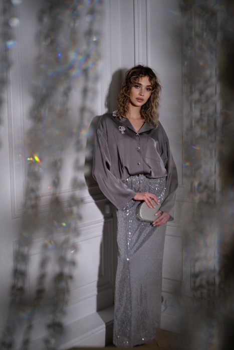 Костюм - пижама "Пальм" серебристый, шелк, с лого