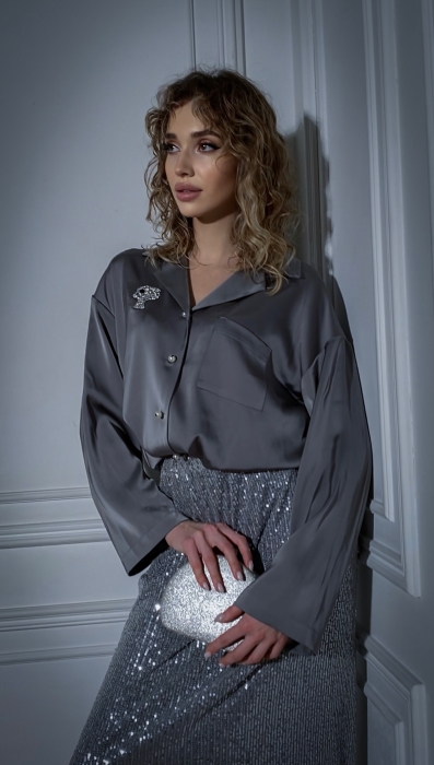 Костюм - пижама "Пальм" серебристый, шелк, с лого