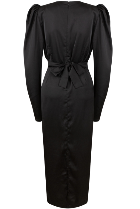 Платье "Тимотэ", миди, чёрное, атлас, с драперовкой, с брошью цветком, футляр