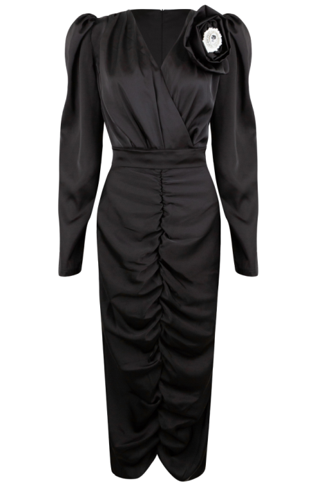 Платье "Тимотэ", миди, чёрное, атлас, с драперовкой, с брошью цветком, футляр
