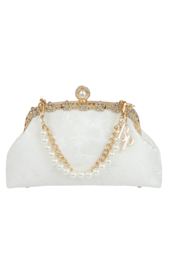 Клатч-сумка-ридикюль белая, узор, декорирована стразами, жемчужина, золото