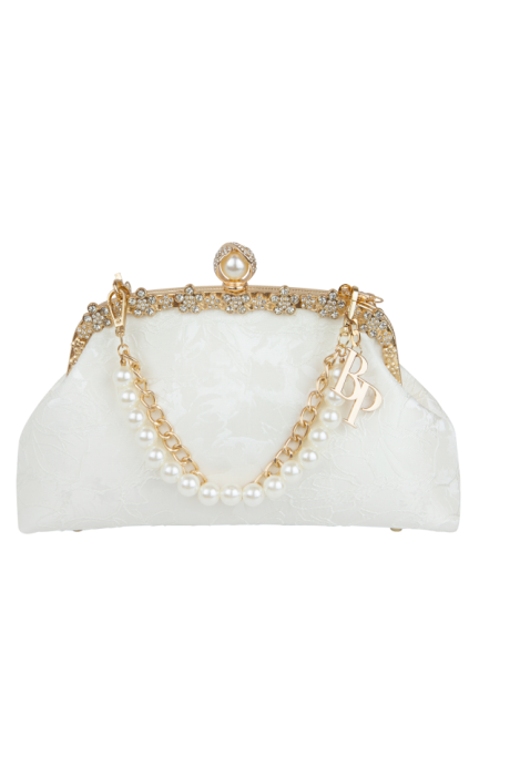 Клатч-сумка-ридикюль белая, узор, декорирована стразами, жемчужина, золото