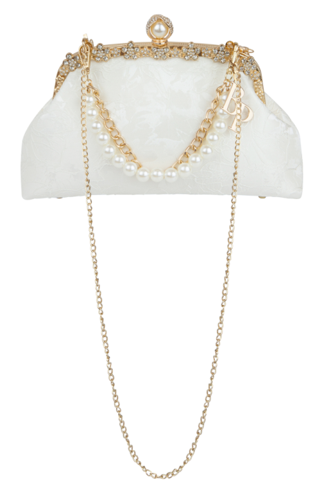Клатч-сумка-ридикюль белая, узор, декорирована стразами, жемчужина, золото