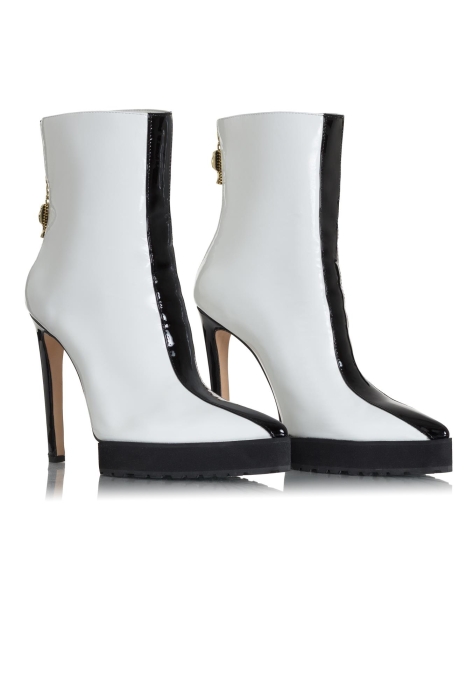 Ботильоны "Элина" шпилька, лак белый, черный лампас и каблук