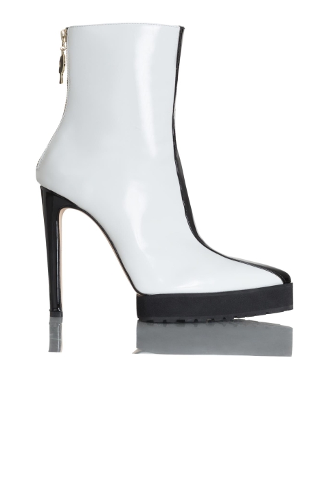 Ботильоны "Элина" шпилька, лак белый, черный лампас и каблук