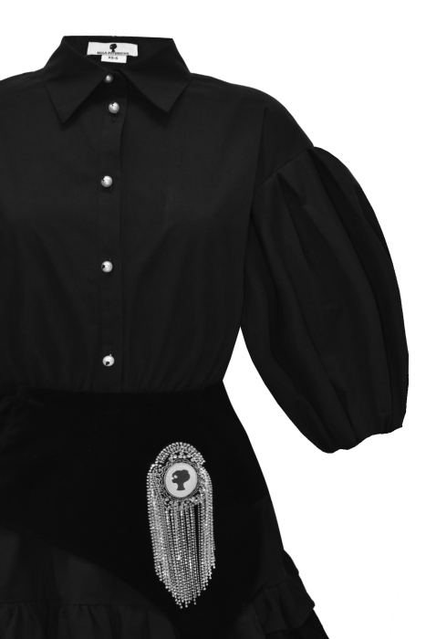 Платье "Рэйчел" черное, с баской, эполетом и брошью из страз