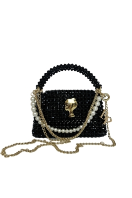 Сумка "Барокко" черная, с ЛОГО, из акриловых бусин, декор с жемчугом и цепью