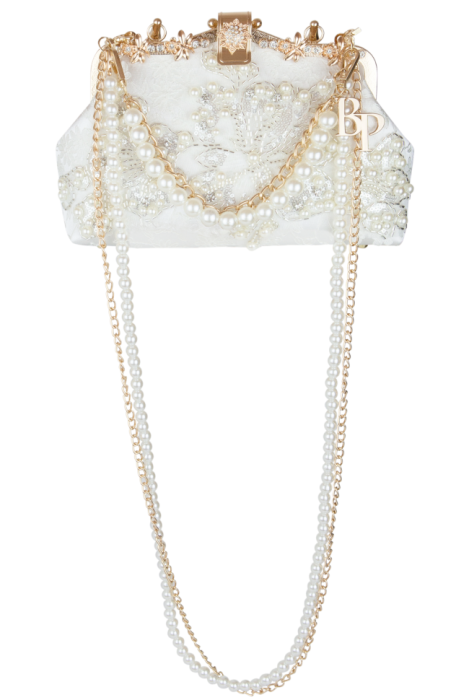 Клатч-сумка-ридикюль белая, расшитая бисером, жемчугом, декорирована стразами, золото