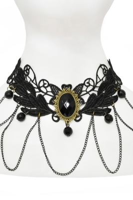 Чокер - колье "Камелия" черный, кружево с бусинами и цепочками