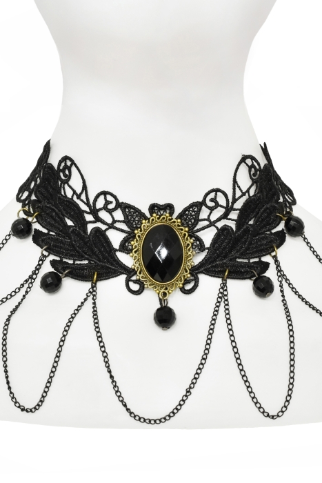 Чокер - колье "Камелия" черный, кружево с бусинами и цепочками