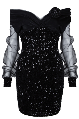Платье "Моёт", мини, чёрное, бархат, пайетки, воздушные рукава