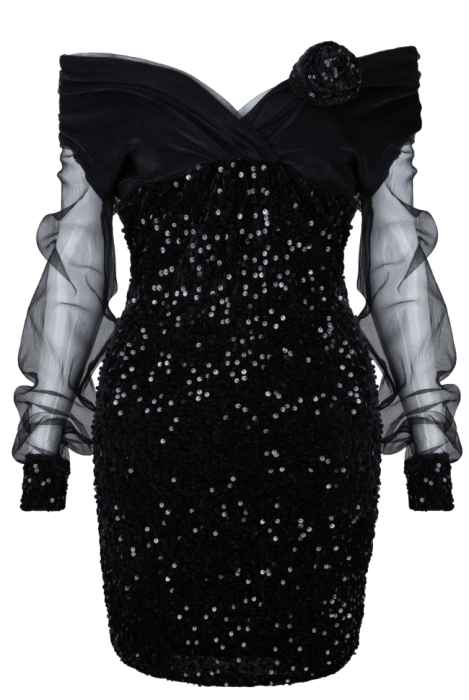 Платье "Моёт", мини, чёрное, бархат, пайетки, воздушные рукава