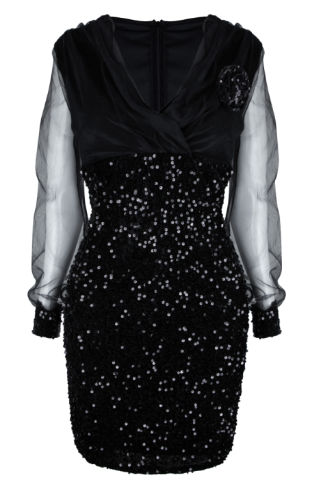 Платье "Моёт", мини, чёрное, бархат, пайетки, воздушные рукава