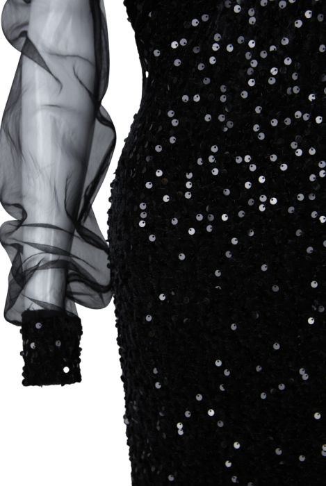 Платье "Моёт", мини, чёрное, бархат, пайетки, воздушные рукава