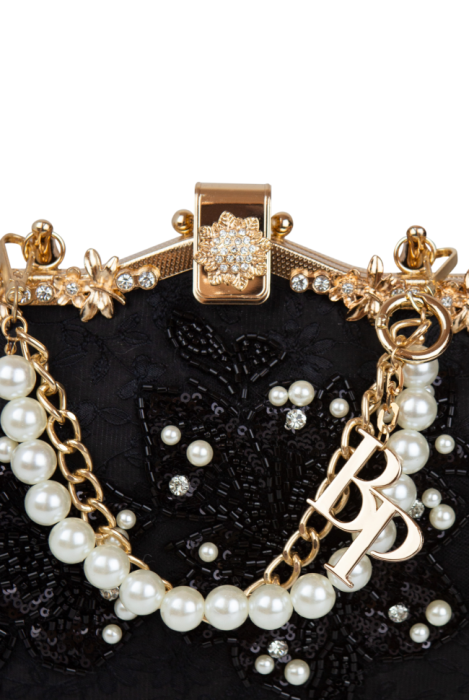 Клатч-сумка-ридикюль черная, расшитая бисером, жемчугом, декорирована стразами, золото