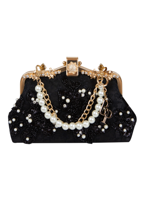 Клатч-сумка-ридикюль черная, расшитая бисером, жемчугом, декорирована стразами, золото