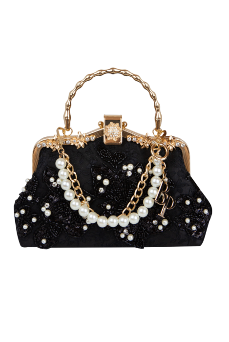 Клатч-сумка-ридикюль черная, расшитая бисером, жемчугом, декорирована стразами, золото