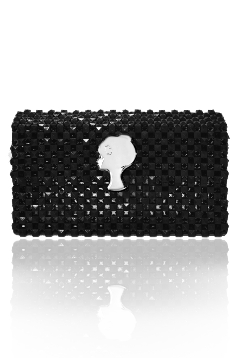 Сумка "Барокко" черная, прямоугольная, с ЛОГО, из акриловых бусин, кутюр