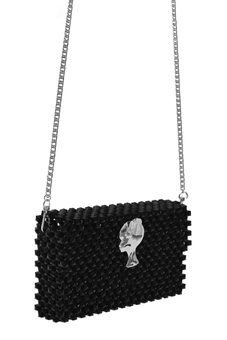 Сумка "Барокко" черная, прямоугольная, с ЛОГО, из акриловых бусин, кутюр