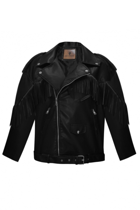 Куртка косуха "Лэйни" черная, с бахромой, эко-кожа