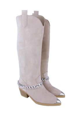 Сапоги "казаки" бежевые, эко-замша, еврозима, с цепями