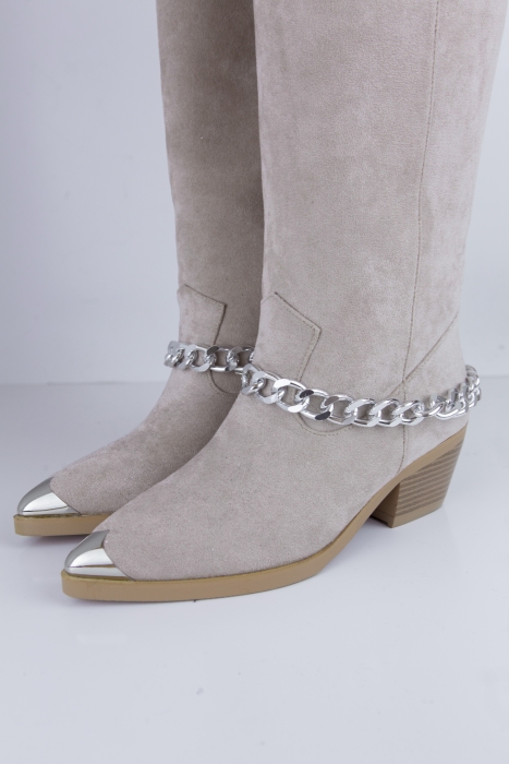 Сапоги "казаки" бежевые, эко-замша, еврозима, с цепями